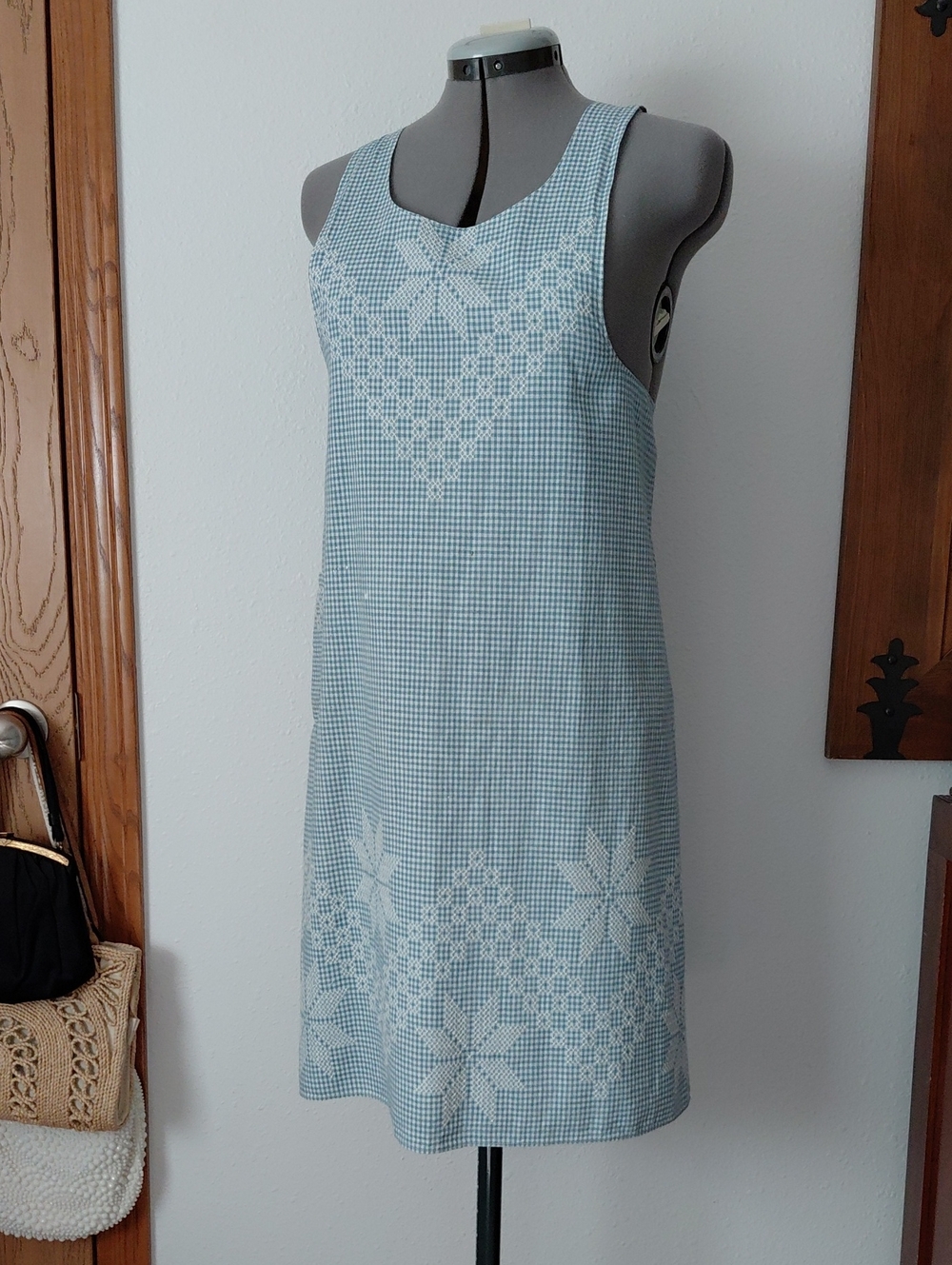 Vintage Light Blue Gingham Pinafore Apron with White Floral Crosstitch Details